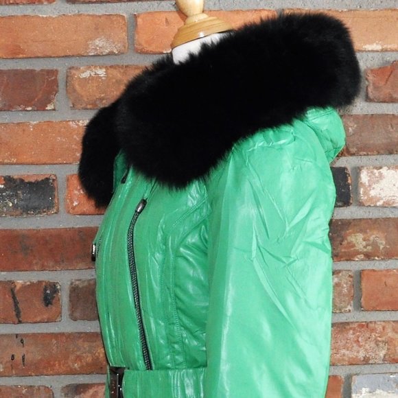 Shenowa Kelly Green Wet Look Down Puffer Belted Coat Jacket Fox Fur Hood Trim M - Picture 6 of 10